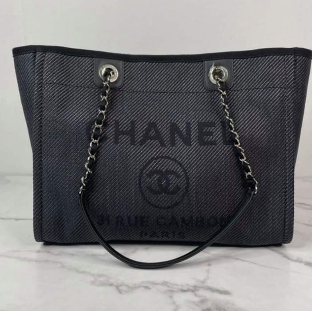 Chanel black mixed fibers & calfskin tote